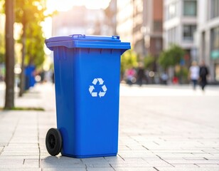Recycling bin positioned on a city street during sunset in urban area
