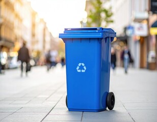 Recycling bin positioned on a city street during sunset in urban area