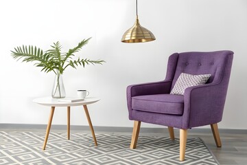 Living room interior with violet velvet armchair, pillow, plant in vase, hanging lamp and coffee table on empty white wall background. 3D rendering.