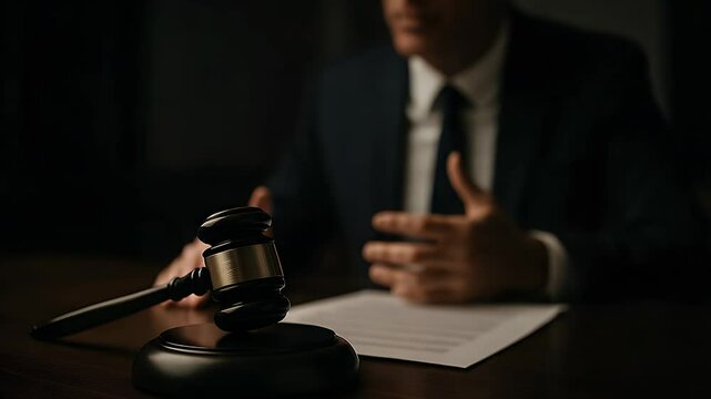 Legal Authority: A judge or lawyer, clad in a dark suit, orchestrates justice with a wooden gavel upon a desk, symbolizing authority and decisions.