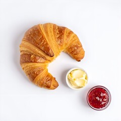 Top View of Croissant with Butter and Jam on White Background 