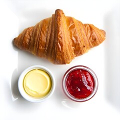 Top View of Croissant with Butter and Jam on White Background 