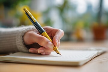 A person writing in a notebook with a fountain pen in a bright, cozy indoor setting
