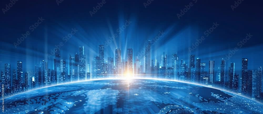 Poster abstract digital blue background with a city skyline and a globe, light rays, and a technology banne