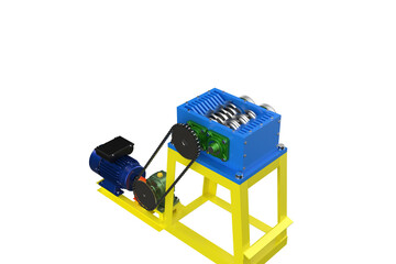 Modern Industrial Plastic Waste Shredder, a Blue and Yellow Recycling Machine with an Electric...