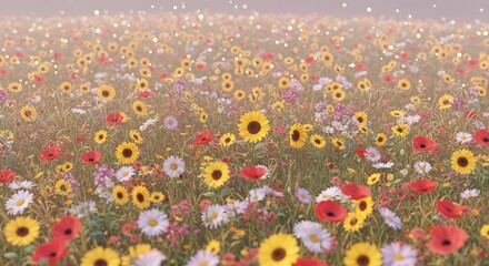 Dreamy Field of Sunflowers, Poppies, and Daisies with Bokeh Effect.