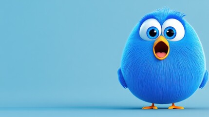 Fluffy cartoon blue bird with expressive eyes and open beak stands on blue background, copy space
