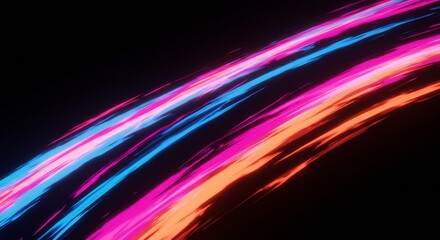 Dynamic Abstract Neon Light Trails on Black Background, Vibrant Energy.