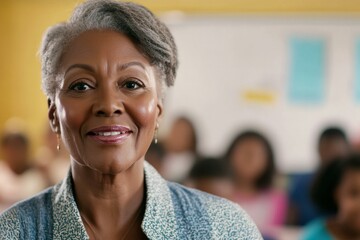  Smiling teacher in classroom setting with diverse students in background, education and mentorship concept