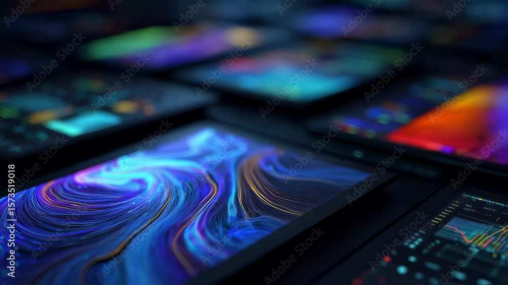 Poster enigmatic portrayal of swirling neon data flows cascading over sleek displays epitomizing the fusion