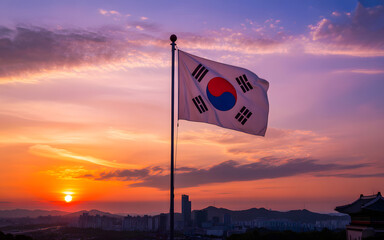 Republic of Korea flag against a beautiful sunrise illuminating Seoul's skyline with vibrant colors, a patriotic symbol of Korean national identity.