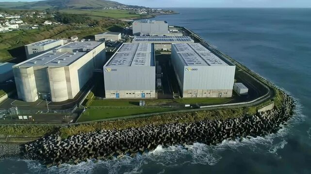 Overhead: Coastal Data Center Bunker Defying Stormy Seas in Cork Ireland - Wave-Break & Salt-Resistant Tec