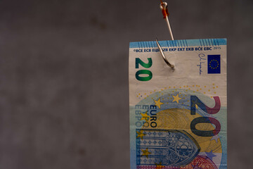 A 20 euro bill is hanging from a fishing hook. Concept of intrigue and mystery, as the bill is...