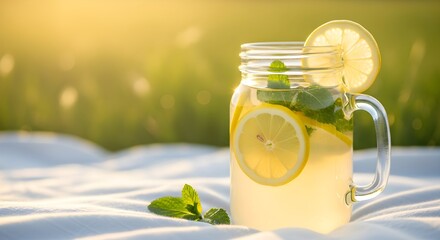 Lemonade in jar on picnic blanket, golden hour refreshment, late summer drink, outdoor relaxation, vibrant citrus