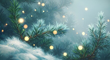 Enchanting Winter Pine Branches: Soft Light, Dreamy Teal Hues, Magical Glow