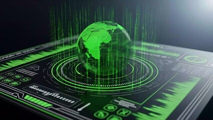 Digital Globe with Binary Code and Interface Hologram: Futuristic Earth in Green, High-Tech Data Visualization, Cybersecurity & Global Network Connection (99 characters) - Powered by Adobe