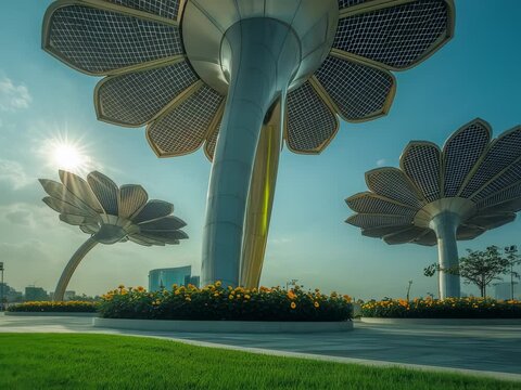 Sunflower-Inspired Solar Panels Harnessing Clean Energy in a Futuristic Park