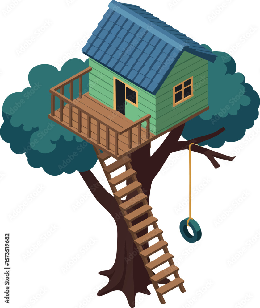 Poster treehouse perched high in a sturdy tree with a swing inviting play