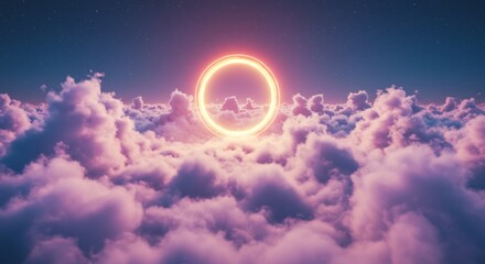 Ethereal Portal: Glowing Ring Above Dreamy Pink Clouds Under Starry Night Sky