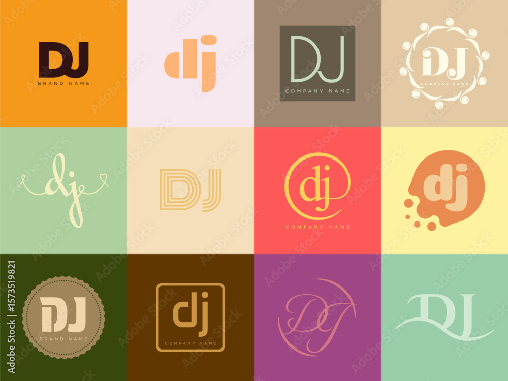 Fototapete DJ logo company template. Letter d and j logotype. Set different classic serif lettering and modern bold text with design elements. Initial font typography.