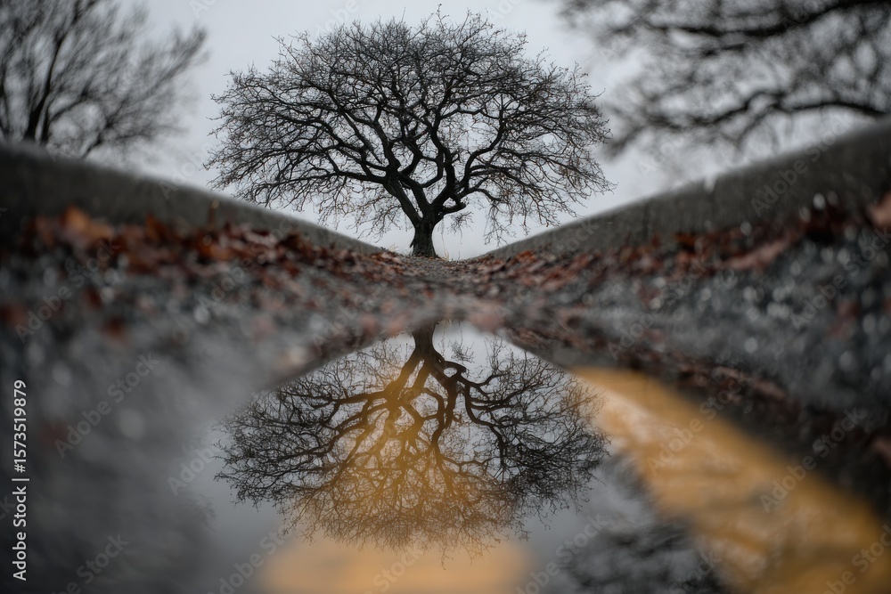 Poster a solitary tree with bare branches reflected in a puddle on a foggy day in a park