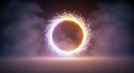 Ethereal Ring of Light: Glowing Portal with Colorful Particle Trails and Smoky Background
