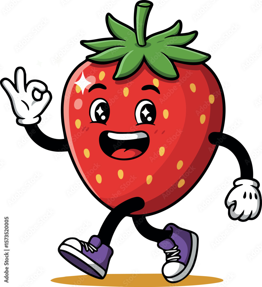 Poster happy strawberry character walking with a cheerful expression and playful gesture