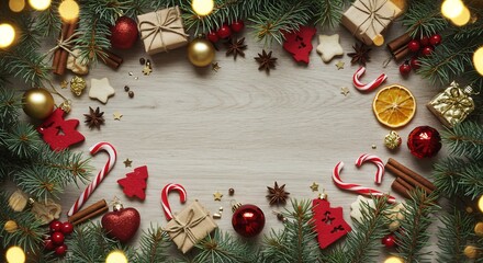 Festive Christmas Border: Rustic Wood, Ornaments, and Candy Canes