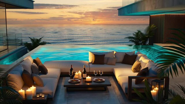 Sunset Serenity: A Luxurious Outdoor Living Room by the Sea, swimming pool at sunset