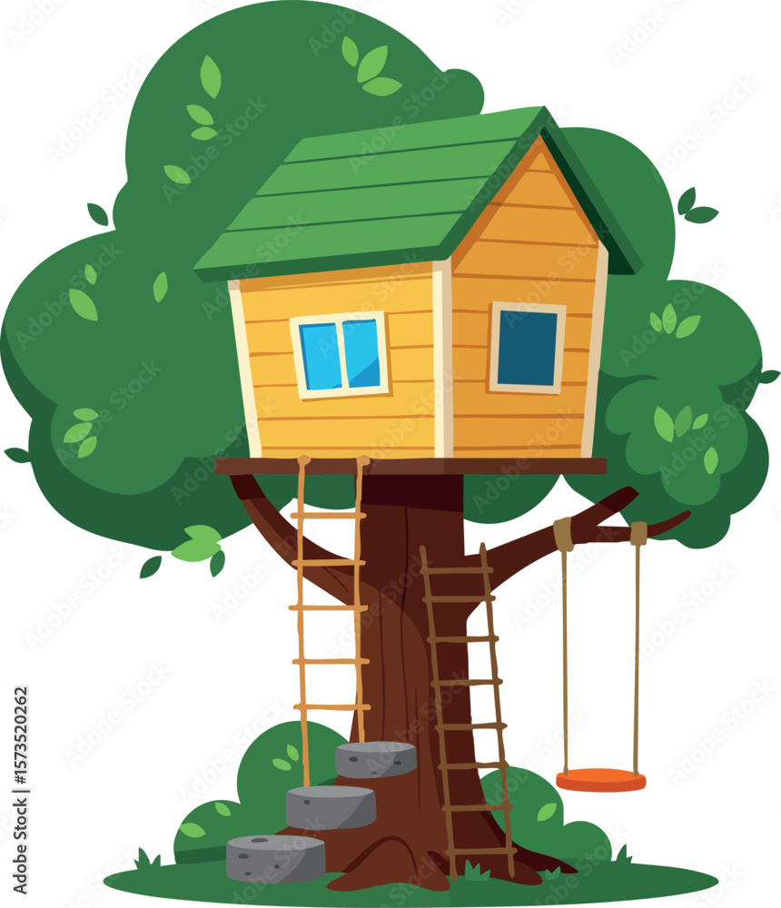 Poster treehouse nestled in a green tree with swing and ladder for children playtime