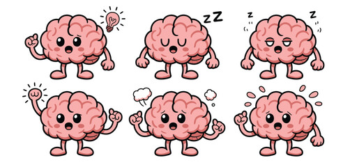 Cute cartoon brain characters showing different emotions and ideas