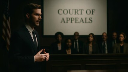 Legal Testimony: A focused individual in a suit delivers a passionate testimony in a formal courtroom setting, capturing the essence of justice and legal proceedings. - Powered by Adobe