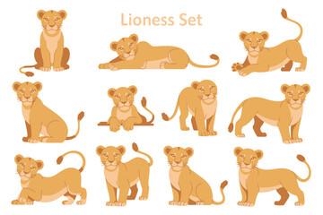 Collection of cute cartoon lionesses in various poses and activities