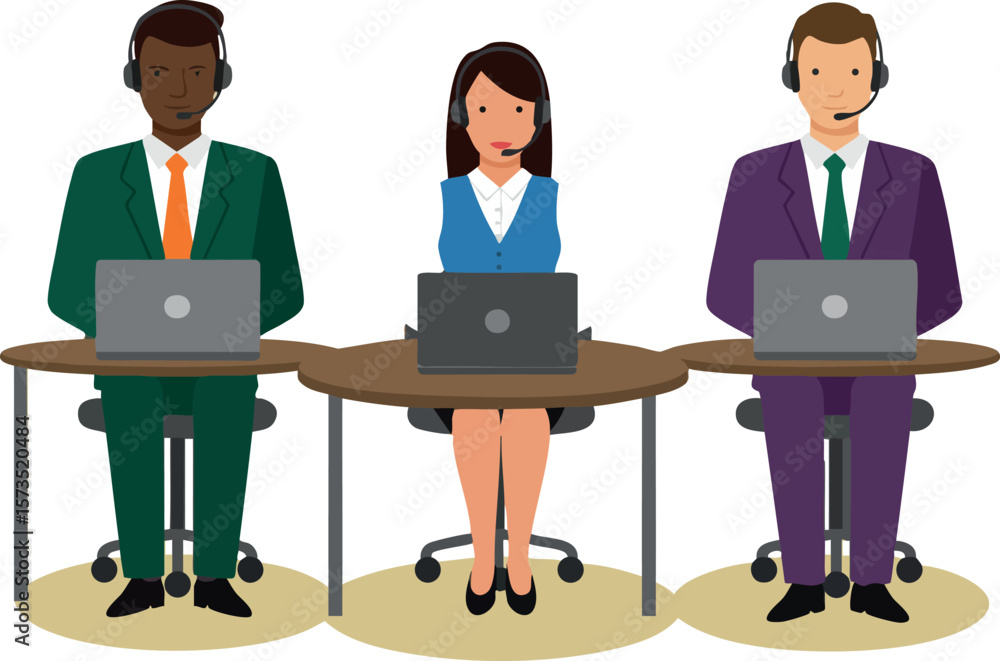 Poster call center team working together on laptops in a modern office setting