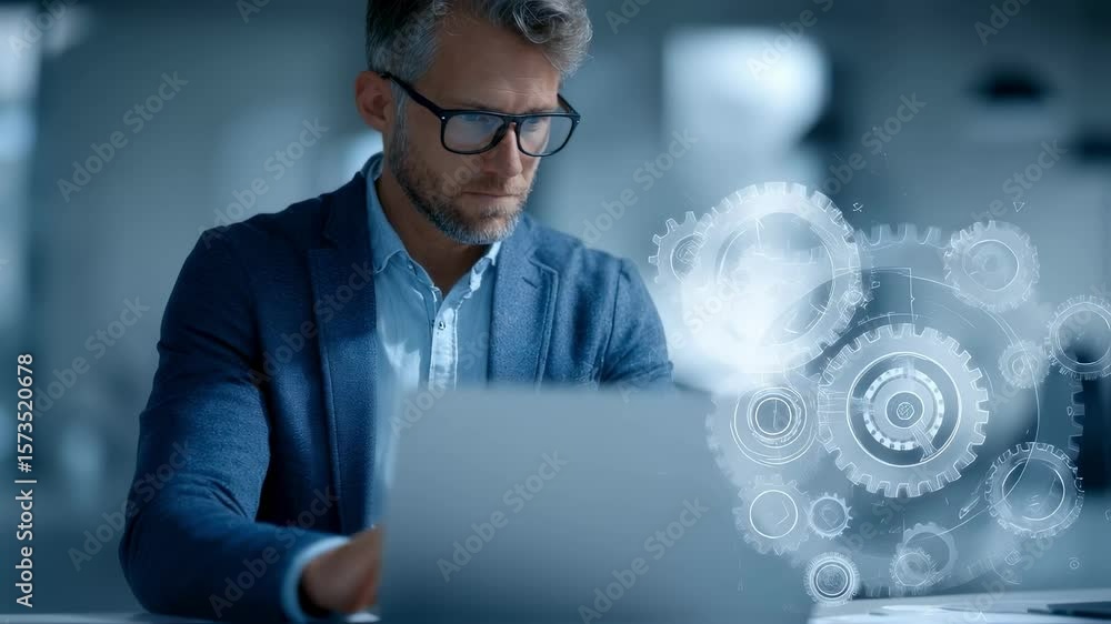 Poster an ambitious professional reviews complex data on a laptop while configuring robotic process automat