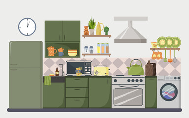 Kitchen interior illustration in green. Modern design. Cabinets and shelves, refrigerator, stove and washing machine. The space is equipped with everything necessary for cooking - toaster, microwave