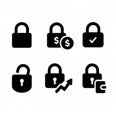 Comprehensive Set of Black Padlock Pictogram Silhouettes Icons, Signs, and Symbols for Security and Finance