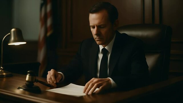 Solemnity in the Courtroom: A composed, serious man meticulously reviews documents, an atmosphere of legal precision and focus. He embodies dedication, responsibility, and the gravitas of justice.