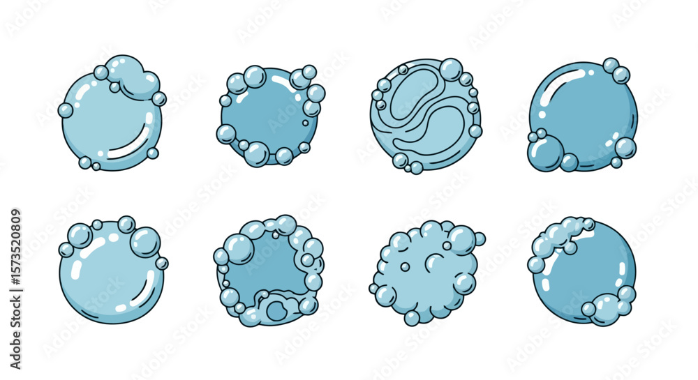Poster set of abstract blue bubble and foam shapes. vector cartoon liquid elements for design