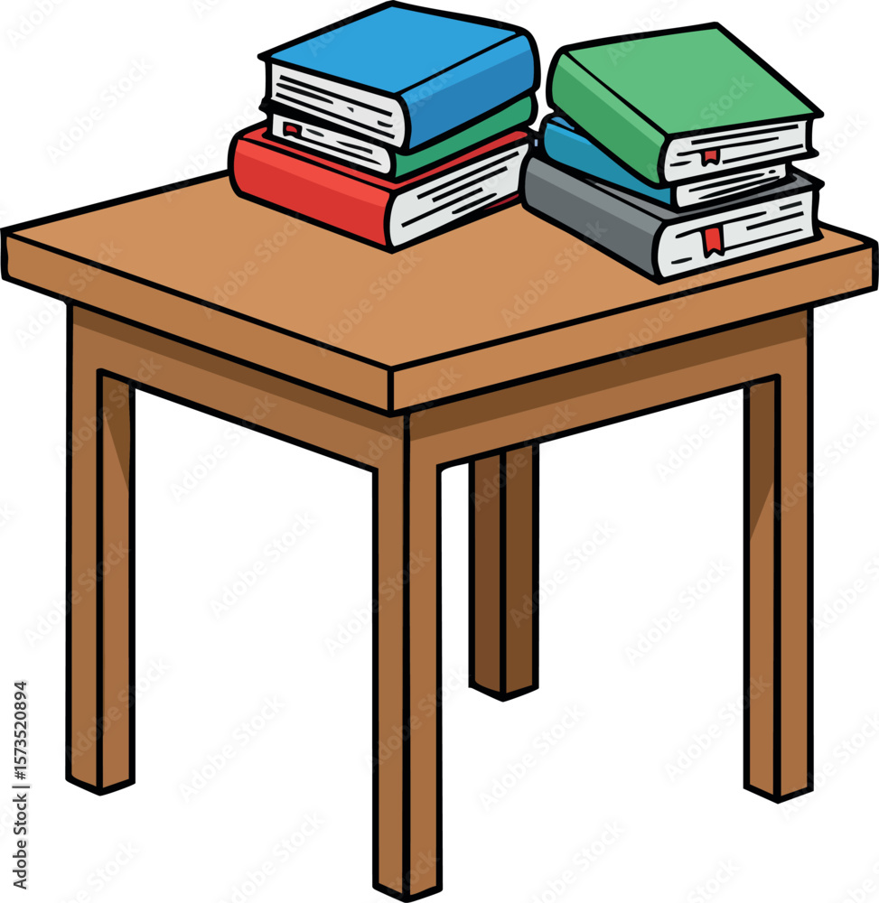 Poster stack of colorful books on wooden square table isolated on white background vector illustration