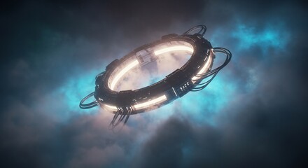 Futuristic Ring-Shaped Spacecraft in Ethereal Nebula: Glowing Core, Dark Metal, Sci-Fi Concept