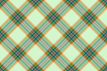 Vibrant diagonal plaid pattern in teal, orange, and green on a pale mint background.  Perfect for textile design, website backgrounds, or fashion illustrations.