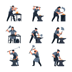 Blacksmith Forging Metal Process Vector Illustrations Set
