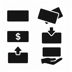 Black Pictogram Silhouette Icon Set Financial Transaction Sign Collection, Download, Upload, Payment, Money, Banking, Business, Card, Wallet, Cash, Transfer