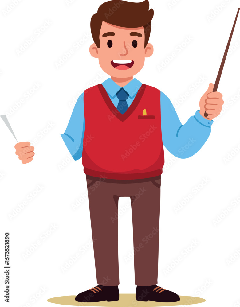 Poster young teacher holding pointer stick and paper explaining lesson in classroom vector illustration