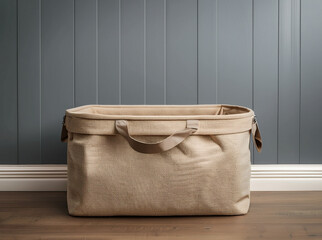 A sand-toned canvas storage bin placed neatly against a grey painted wall and wood floor with baseboard.