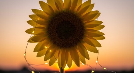 Illuminated Sunflower Silhouette at Sunset: Warm Golden Hues and Fairy Lights