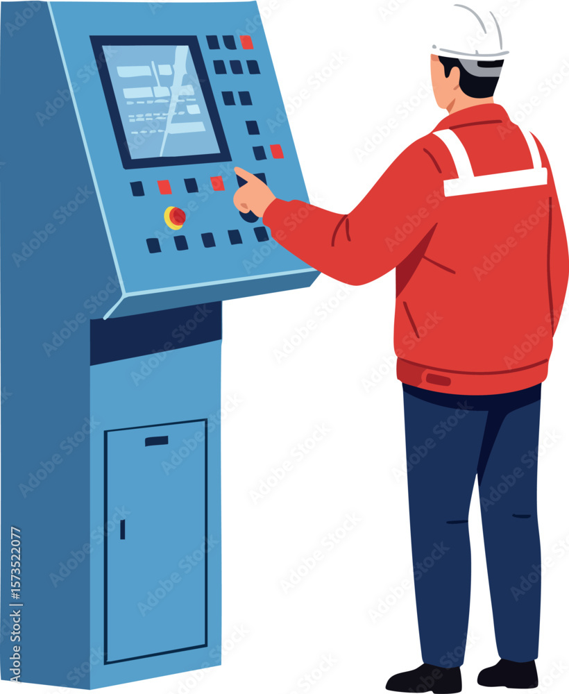 Poster industrial worker operating control panel machine in factory environment wearing safety helmet and r