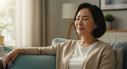 Serene mature Asian woman with dark hair relaxing with her eyes closed on a couch in a cozy, sunlit living room, enjoying a peaceful moment