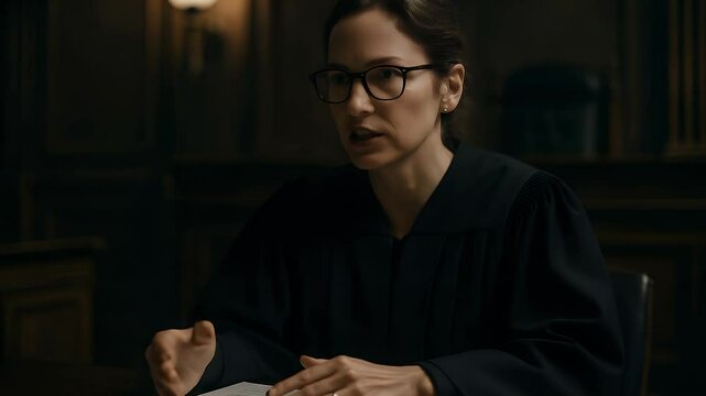 Courtroom Dignity: A woman in a judge's robe sits at the bench in the courtroom, she's concentrated on a serious situation. She represents the embodiment of justice, wisdom.